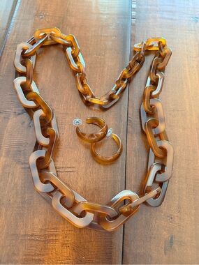 Oversized Faux Tortoiseshell Link Necklace and Hoop Earrings Set